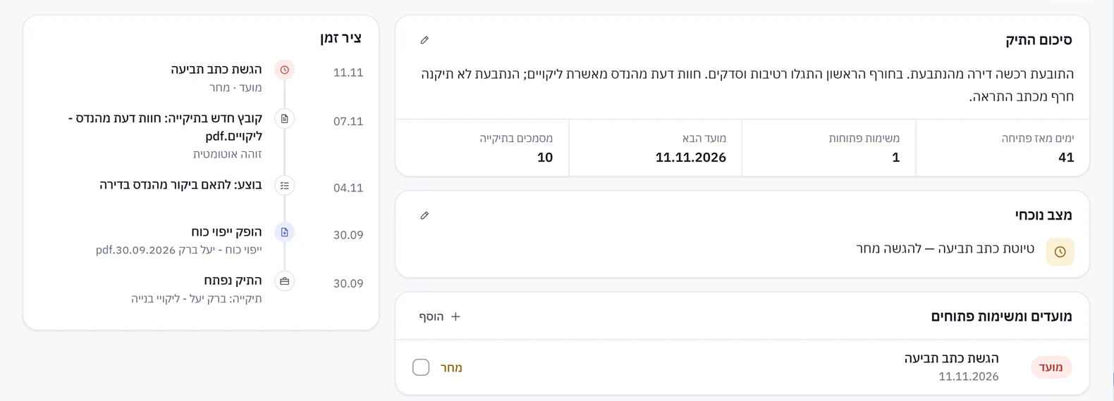 מסך תיק בטקנון: סיכום, מצב נוכחי, מועדים וציר זמן